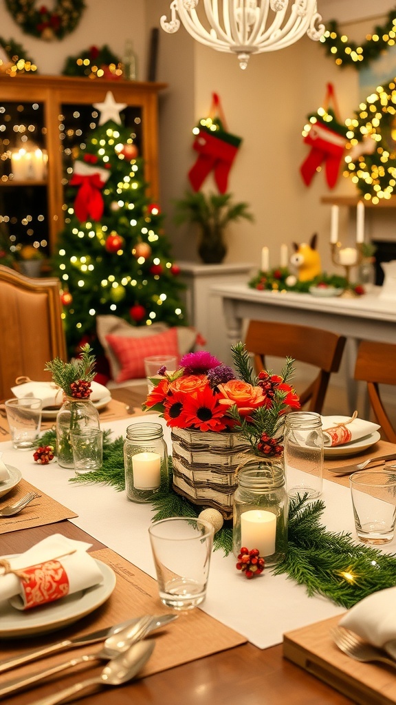 Rustic Mason Jar Christmas Table Settings Ideas A rustic Christmas table setting with mason jars, candles, and festive decorations.
